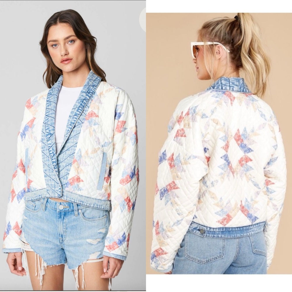 Blank NYC Quilted Patchwork Cropped Jacket in Cream, Blue & Coral - Picture 4 of 16